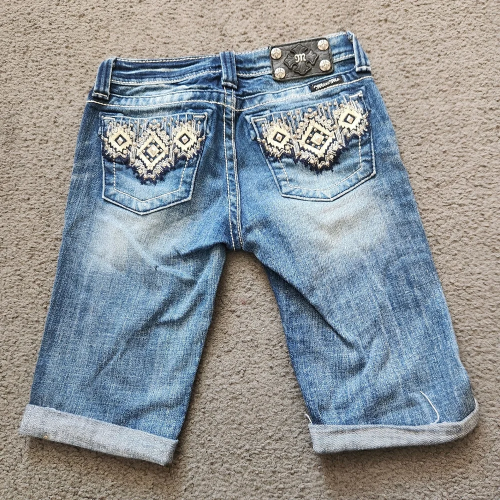 MISS ME Women's Bermuda Shorts Size 14 Blue Denim Cutoffs Rhinestones Bling - Picture 4 of 12